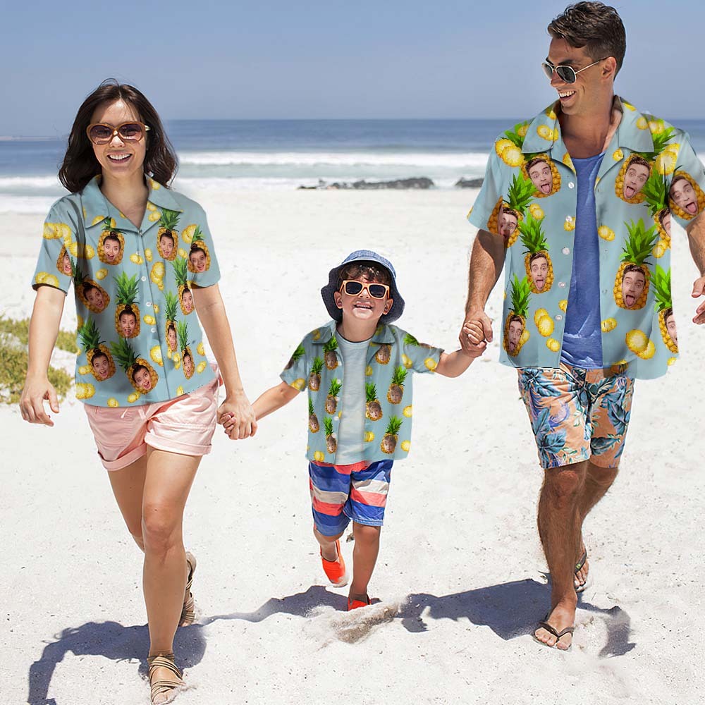 Custom Photo Hawaiian Shirt Parent-child Wears Personalized Face Hawaiian Shirt Gift Big Pineapple - MyFaceBoxer