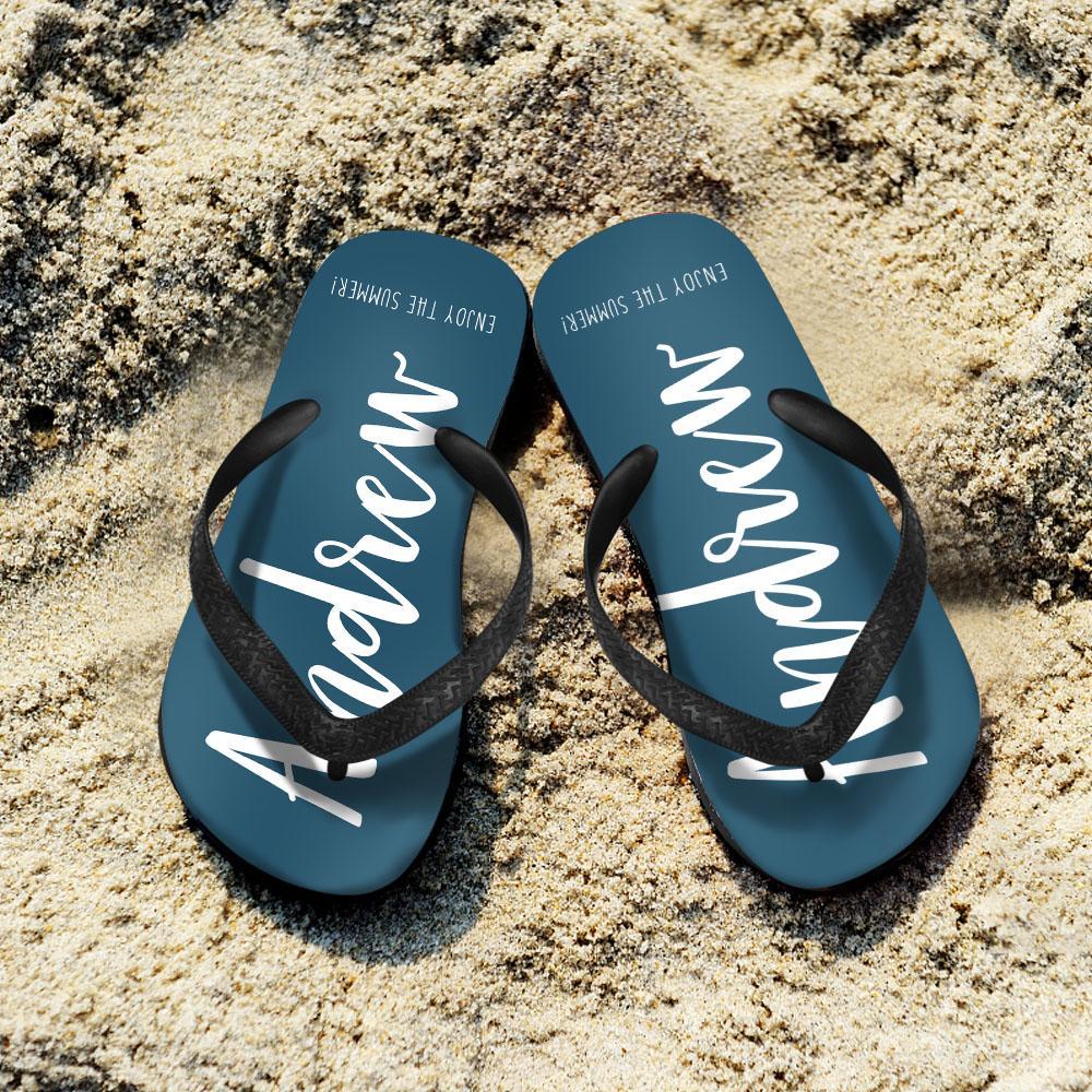 Personalized Text Flip Flop for Summer Comfortable - Blue - MyFaceBoxer