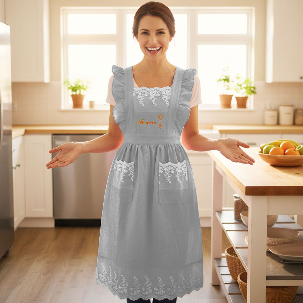 Personalized Floral Embroidered Apron For Women, Cotton Apron with Lace Pockets, Custom Flower Garden Baking Apron, Hostess Mothers Gift