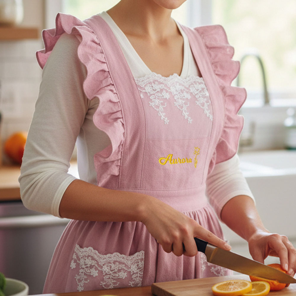 Personalized Floral Embroidered Apron For Women, Cotton Apron with Lace Pockets, Custom Flower Garden Baking Apron, Hostess Mothers Gift