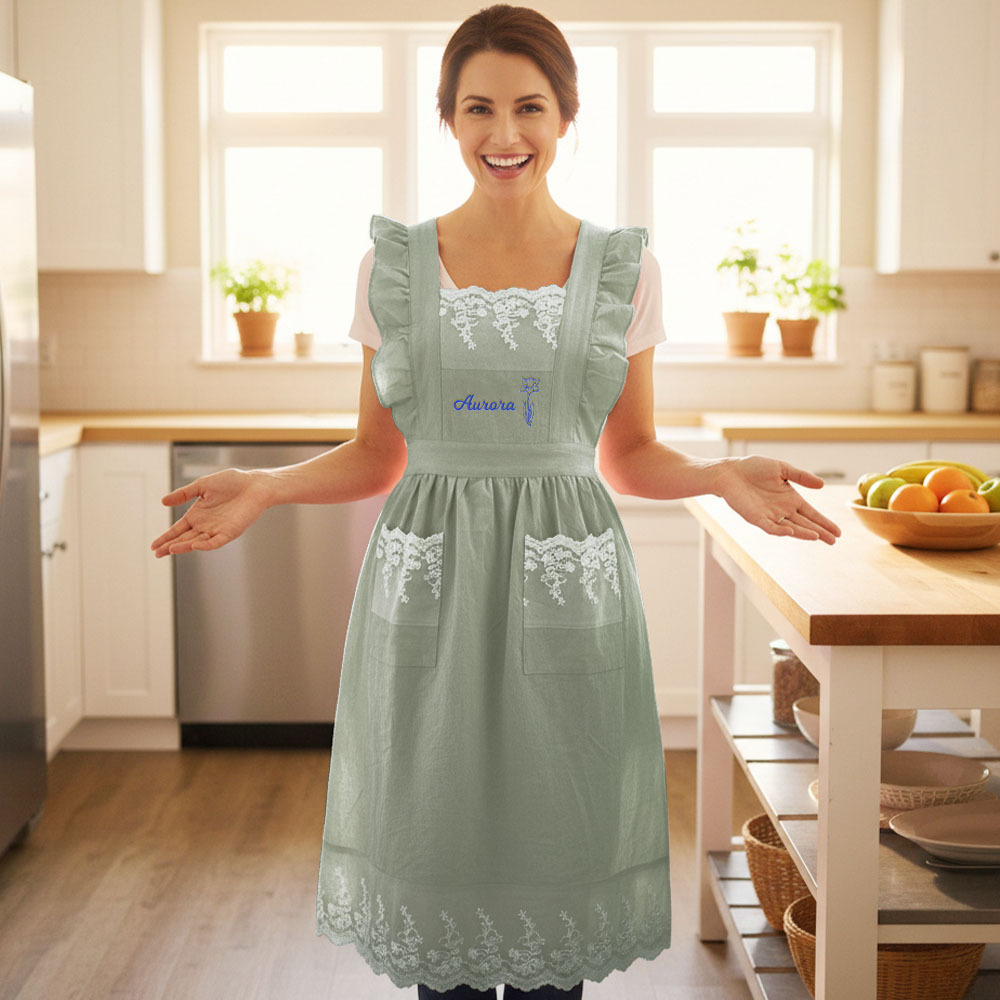 Personalized Floral Embroidered Apron For Women, Cotton Apron with Lace Pockets, Custom Flower Garden Baking Apron, Hostess Mothers Gift