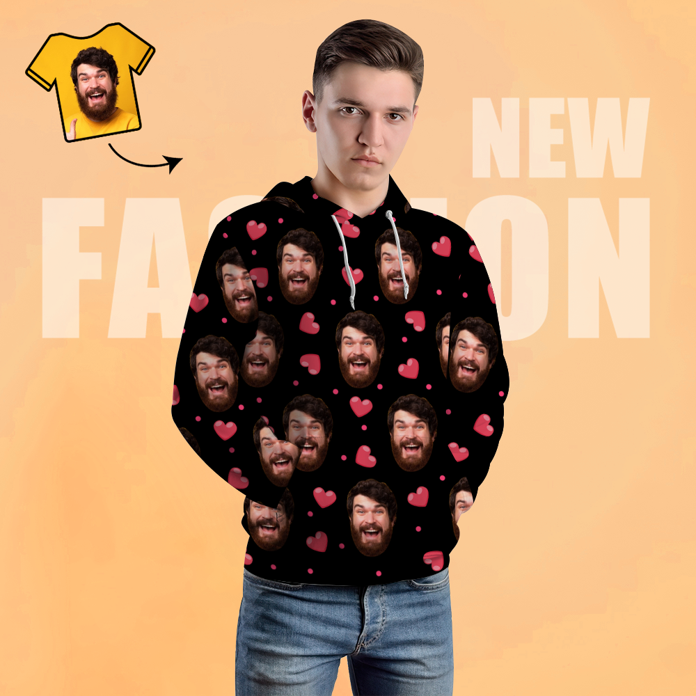Custom Face Unisex Hoodie Casual Printed Photo Black Hoodie For Men Women - Heart - MyFaceBoxer