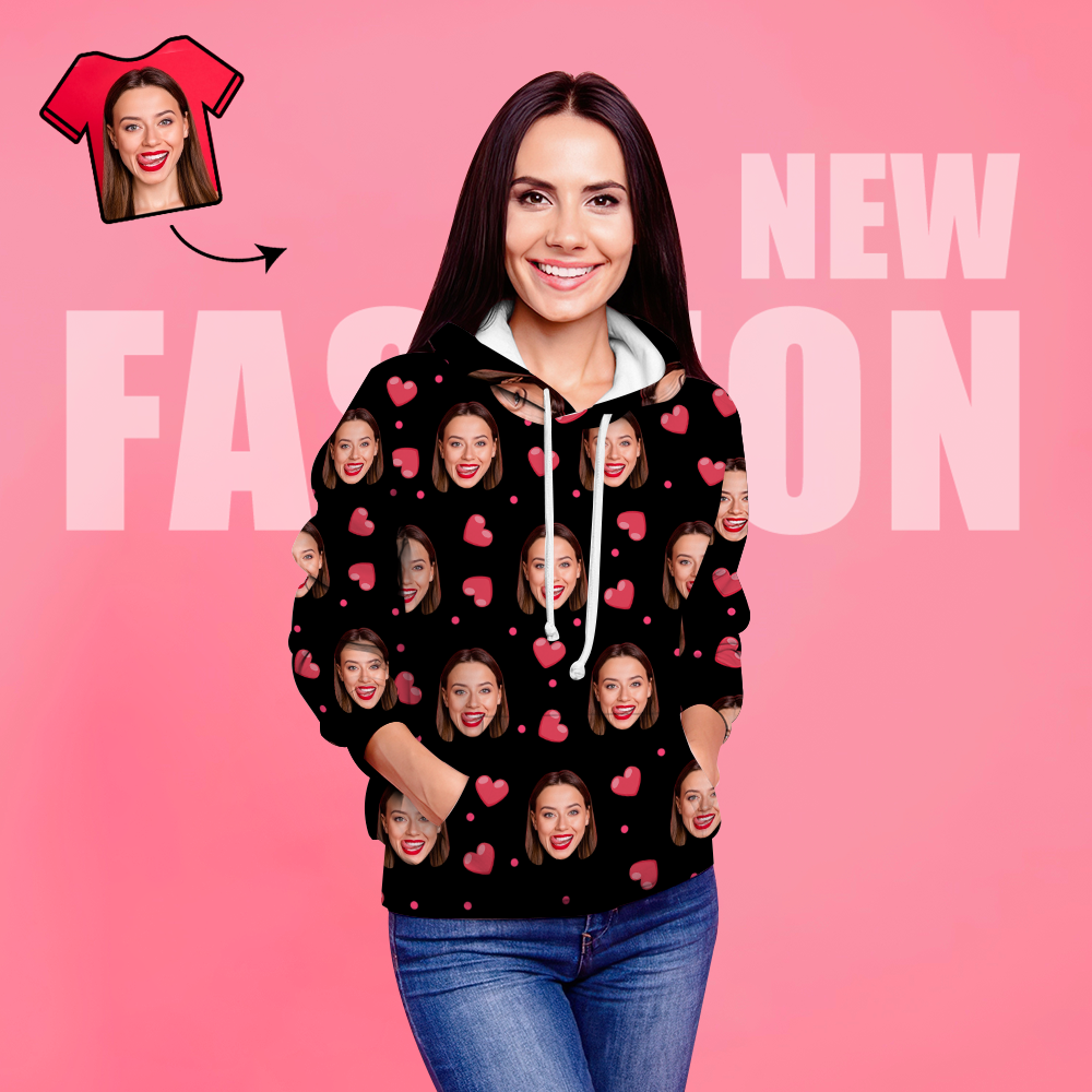 Custom Face Unisex Hoodie Casual Printed Photo Black Hoodie For Men Women - Heart - MyFaceBoxer