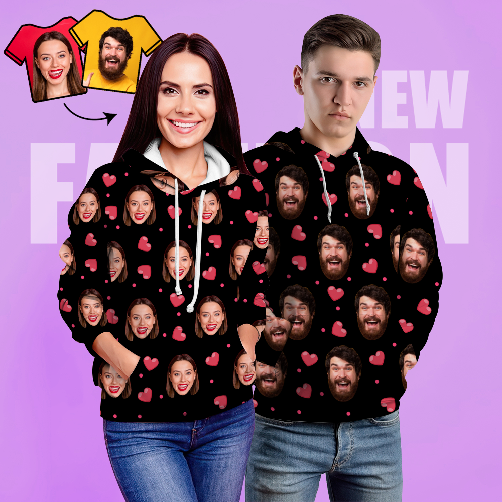 Custom Face Unisex Hoodie Casual Printed Photo Black Hoodie For Men Women - Heart - MyFaceBoxer