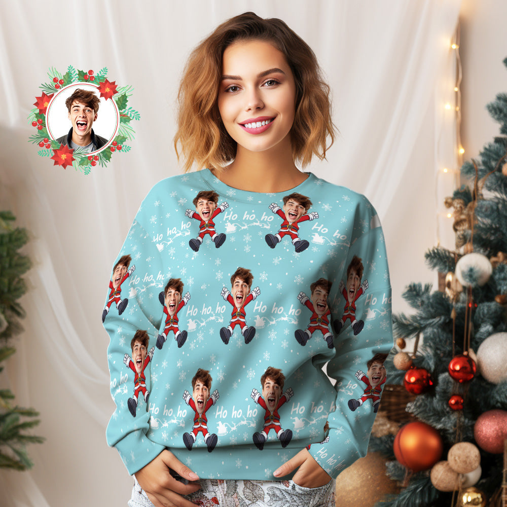 Custom Face Unisex Christmas Sweatshirt Casual Santa Claus Printed Funny Crewneck Shirt - MyFaceBoxer