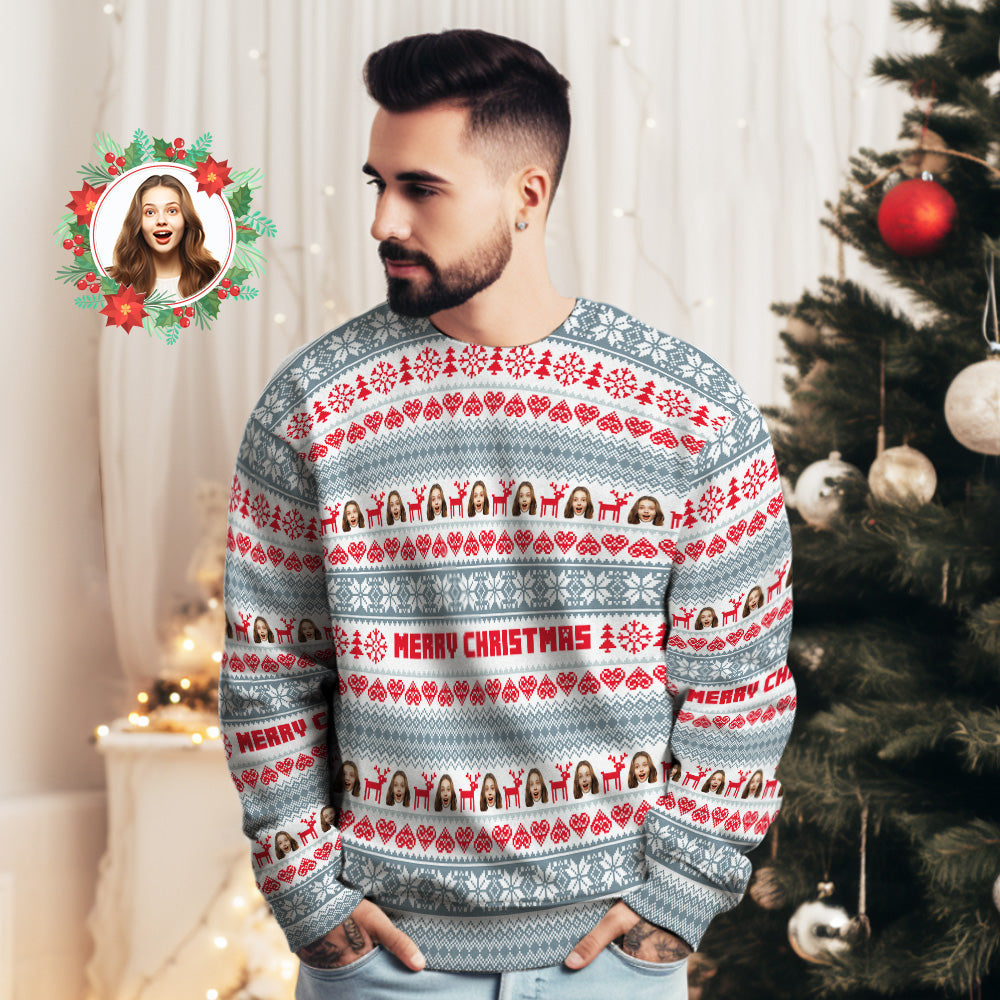 Custom Face Unisex Christmas Sweatshirt Casual Merry Christmas Printed Funny Crewneck Shirt - MyFaceBoxer