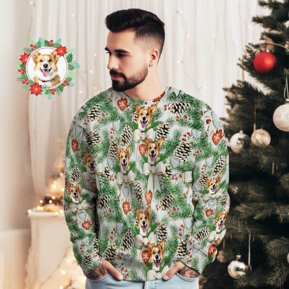 Custom Face Unisex Christmas Sweatshirt Casual Printed Funny Crewneck Shirt with Christmas Pinecone - MyFaceBoxer