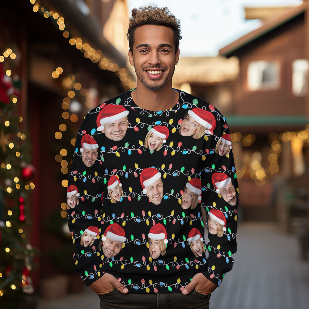 Custom Face Round Neck Hoodie Personalized Photo Christmas Family Xmas Leds Unisex Hoodies - MyFaceBoxer