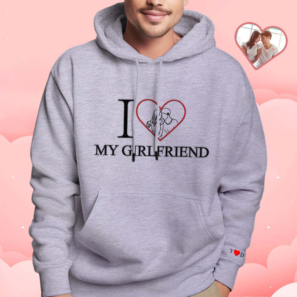 Personalized Embroidered Photo Outline Hoodie Red Heart Custom Picture Portrait Sweatshirt Valentine Gift - MyFaceBoxer