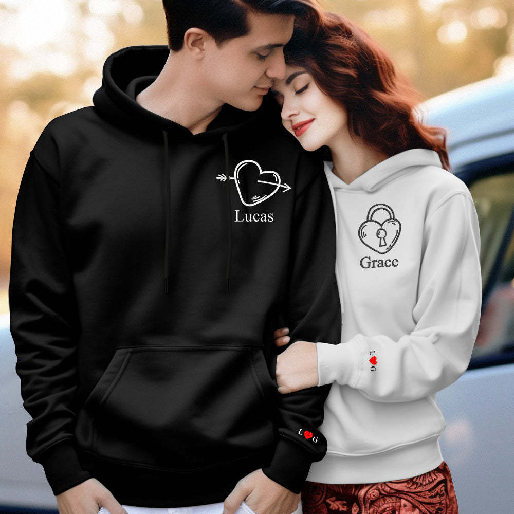 Custom Text Embroidered Hoodie Unique Heart Key And Lock Match Set Couple Sweatshirt - MyFaceBoxer
