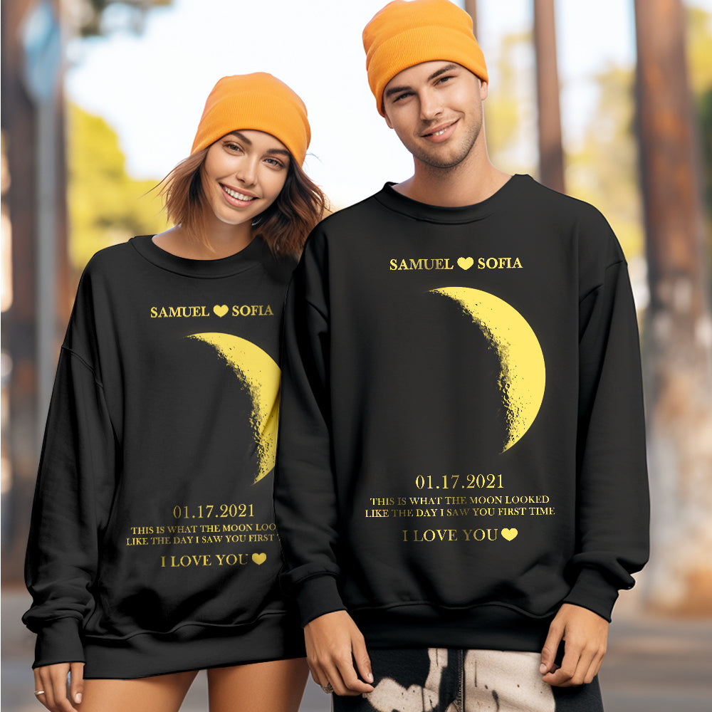 Custom Moon Phase Round Neck Unisex Sweatshirt Personalized Names Crewneck Sweatshirts Valentine's Day Gifts for Couple - MyFaceBoxer