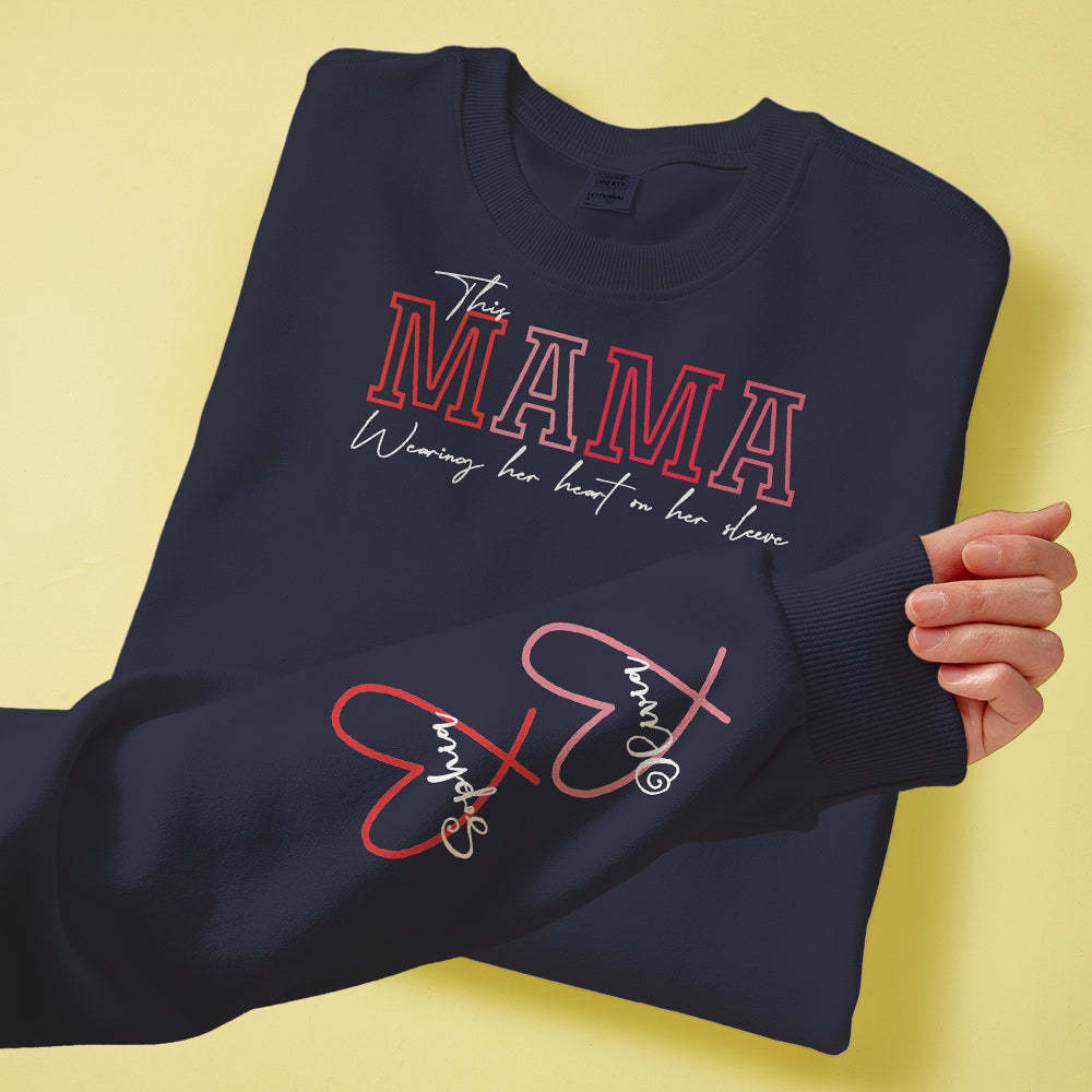 Custom Name Round Neck Sweatshirt Personalized Crewneck Sweatshirts Wear Heart On Sleeve Sweatshirt Mother's Day Gift - MyFaceBoxer