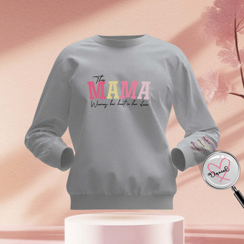 Custom Name Round Neck Sweatshirt Personalized Crewneck Sweatshirts Wear Heart On Sleeve Sweatshirt Mother's Day Gift - MyFaceBoxer