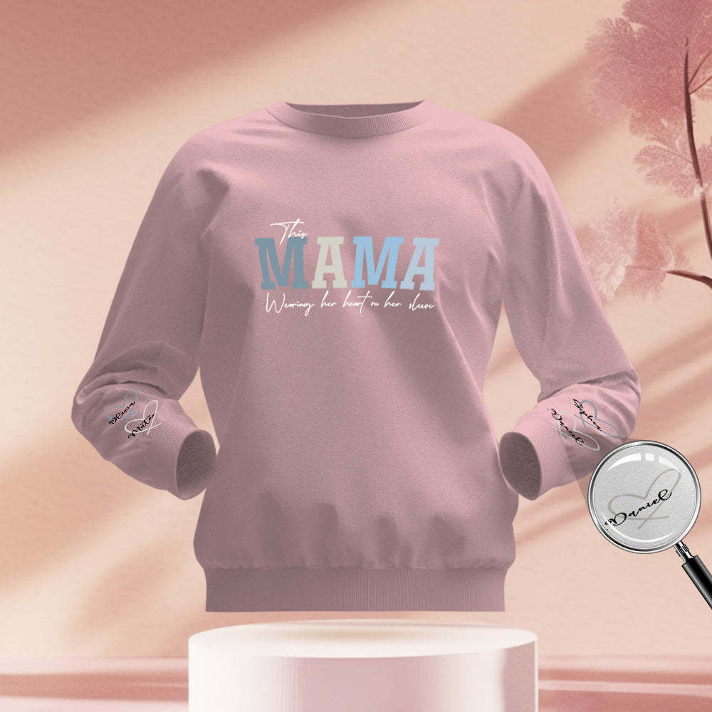 Custom Name Round Neck Sweatshirt Personalized Crewneck Sweatshirts Wear Heart On Sleeve Sweatshirt Mother's Day Gift - MyFaceBoxer