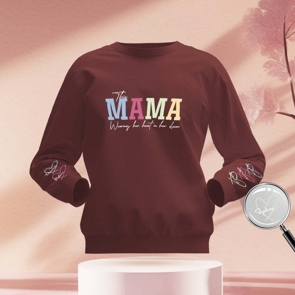 Custom Name Round Neck Sweatshirt Personalized Crewneck Sweatshirts Wear Heart On Sleeve Sweatshirt Mother's Day Gift - MyFaceBoxer