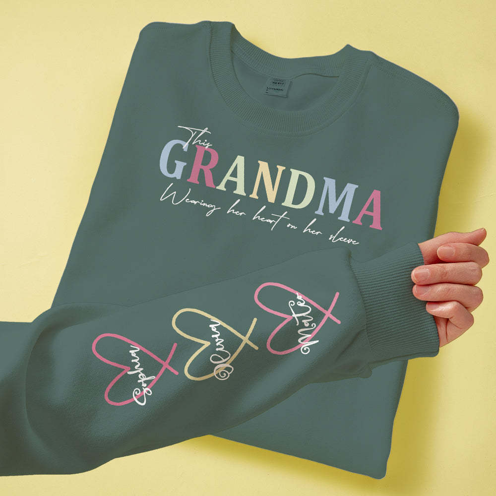 Custom Name Round Neck Sweatshirt Personalized Crewneck Sweatshirts Wear Heart On Sleeve Sweatshirt Mother's Day Gift - MyFaceBoxer