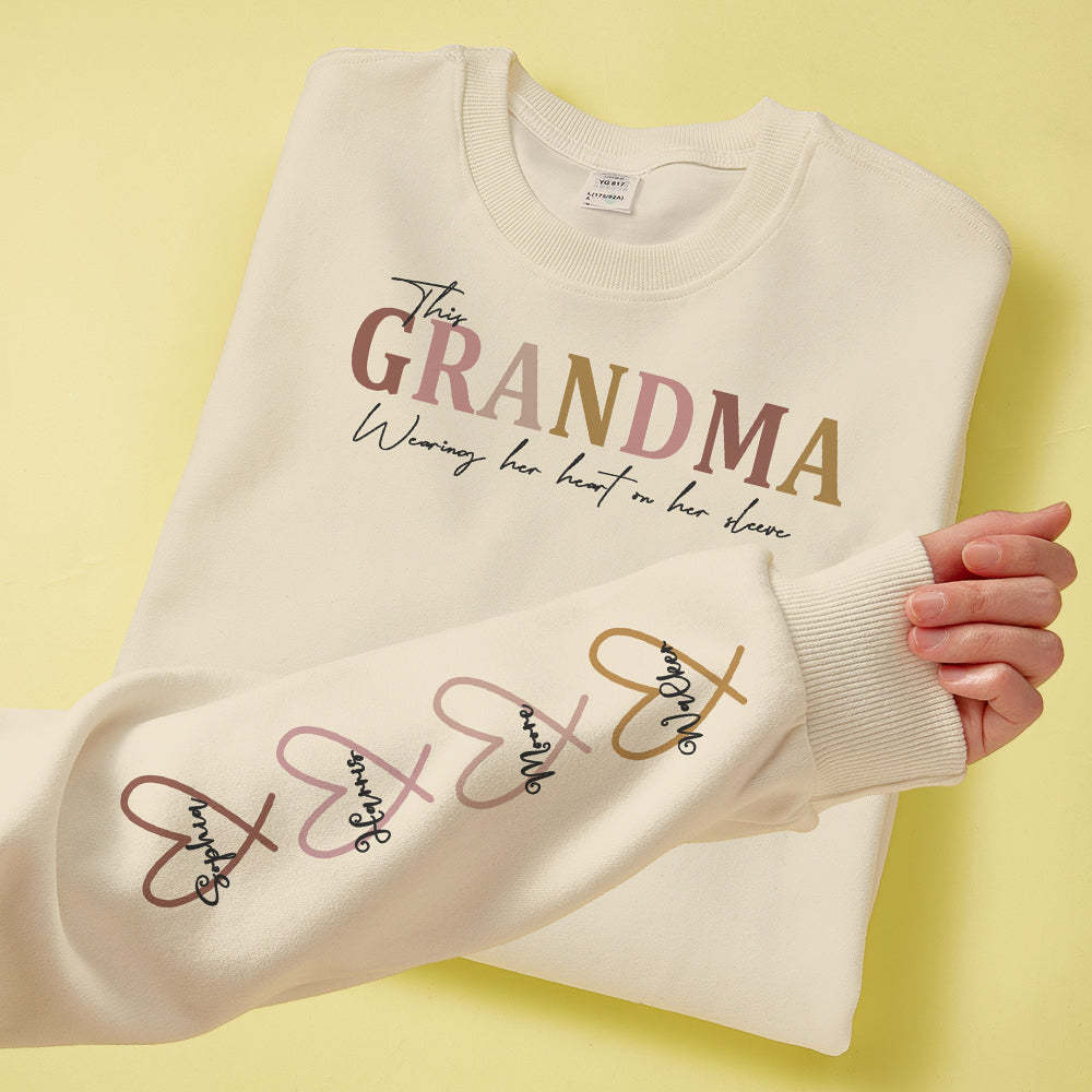 Custom Name Round Neck Sweatshirt Personalized Crewneck Sweatshirts Wear Heart On Sleeve Sweatshirt Mother's Day Gift - MyFaceBoxer