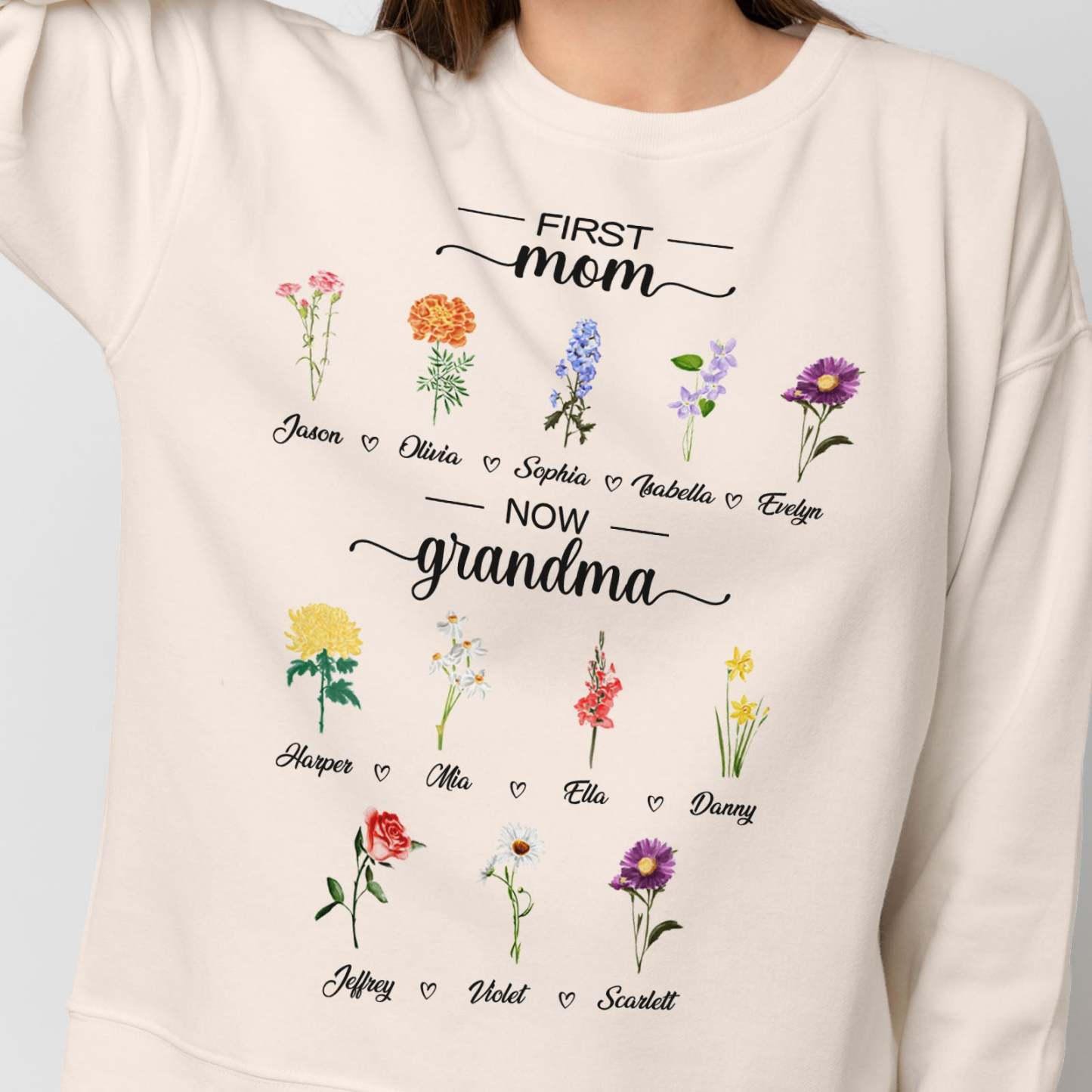 Personalized First Mom Now Grandma Sweatshirt Custom Birth Flowers Sweatshirts for Mother's Day Gift - MyFaceBoxer