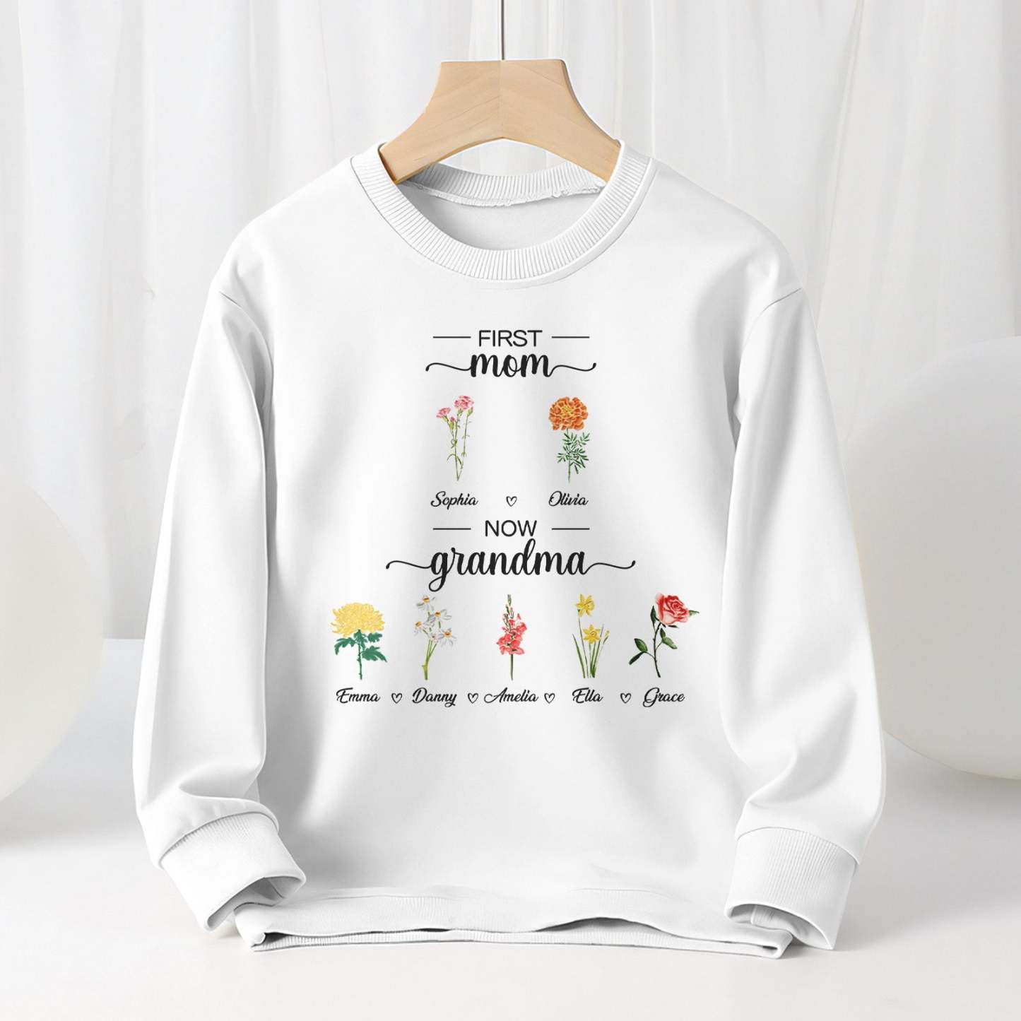 Personalized First Mom Now Grandma Sweatshirt Custom Birth Flowers Sweatshirts for Mother's Day Gift - MyFaceBoxer