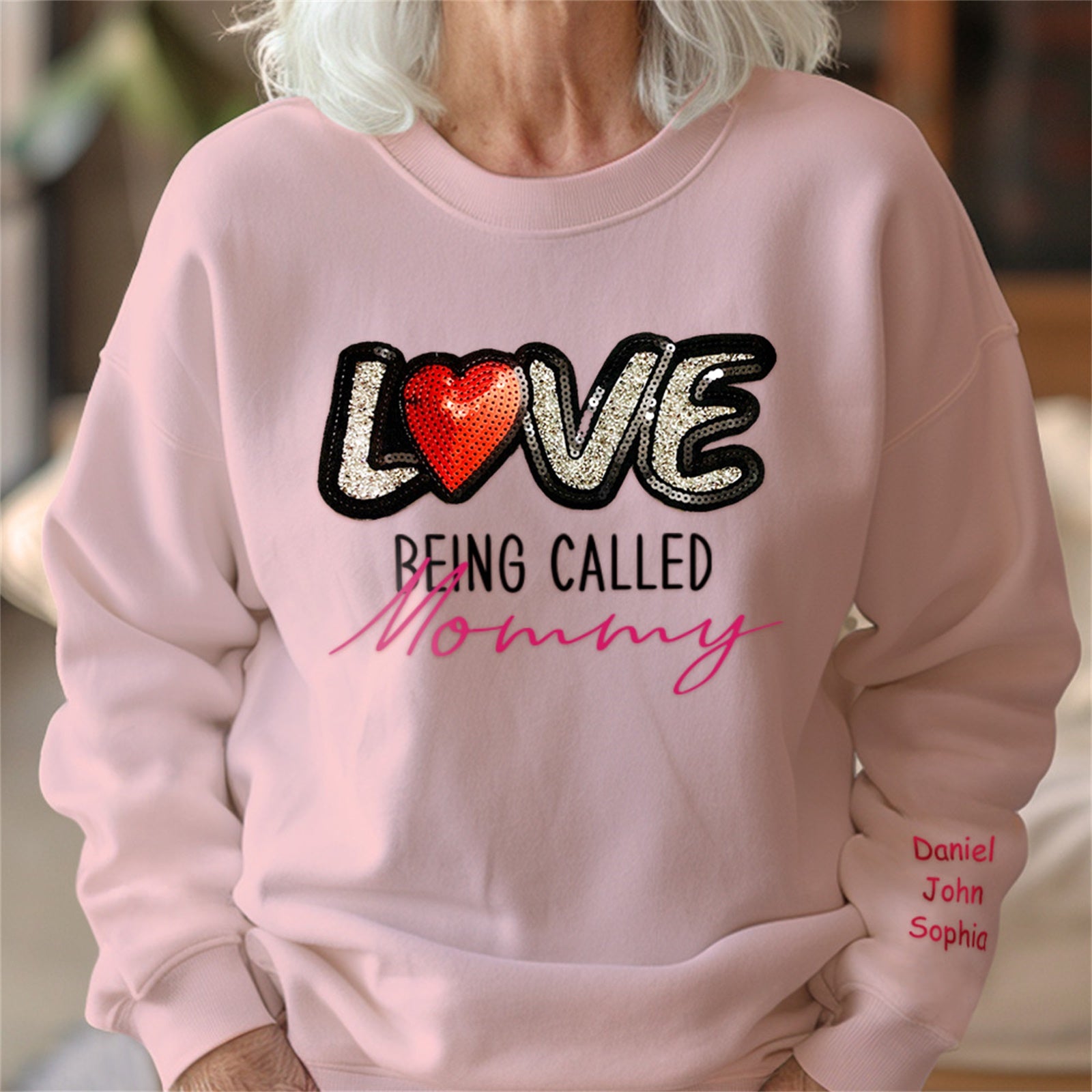 Personalized Names Sweatshirt Custom Sweatshirt with LOVE Sequins Mother's Day Gift - MyFaceBoxer