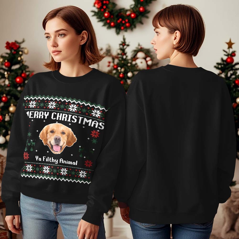 Custom Pet Face Round Neck Hoodie Personalized Photo Ugly Christmas Sweatshirt for Pet Lover - MyFaceBoxer