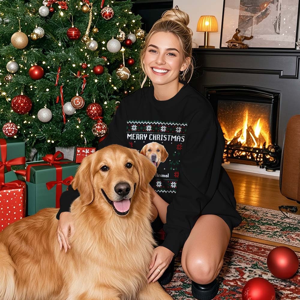 Custom Pet Face Round Neck Hoodie Personalized Photo Ugly Christmas Sweatshirt for Pet Lover - MyFaceBoxer