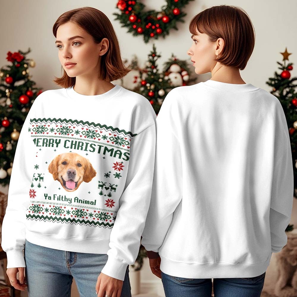 Custom Pet Face Round Neck Hoodie Personalized Photo Ugly Christmas Sweatshirt for Pet Lover - MyFaceBoxer