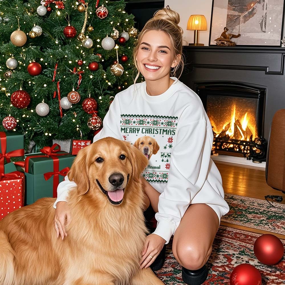 Custom Pet Face Round Neck Hoodie Personalized Photo Ugly Christmas Sweatshirt for Pet Lover - MyFaceBoxer