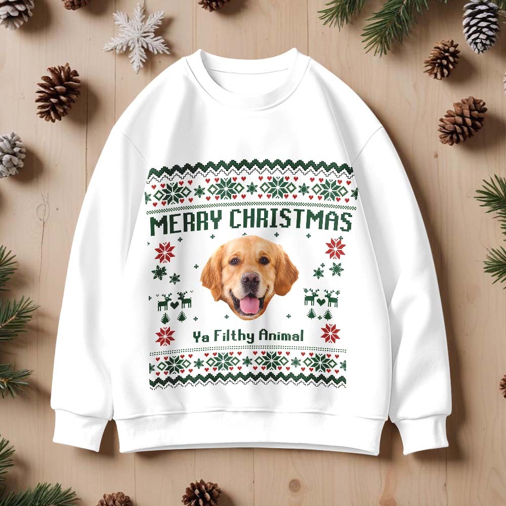 Custom Pet Face Round Neck Hoodie Personalized Photo Ugly Christmas Sweatshirt for Pet Lover - MyFaceBoxer