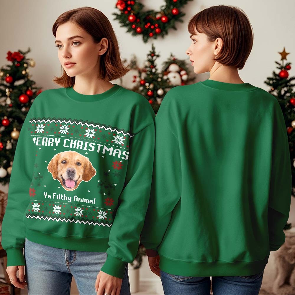 Custom Pet Face Round Neck Hoodie Personalized Photo Ugly Christmas Sweatshirt for Pet Lover - MyFaceBoxer