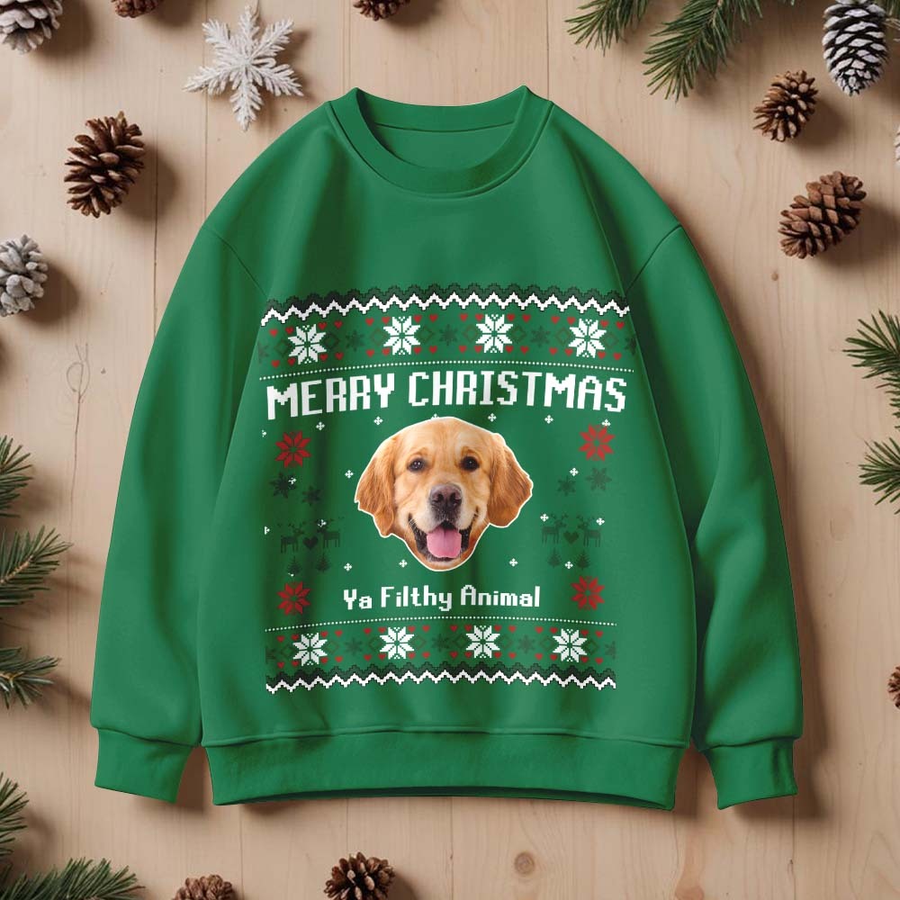 Custom Pet Face Round Neck Hoodie Personalized Photo Ugly Christmas Sweatshirt for Pet Lover - MyFaceBoxer