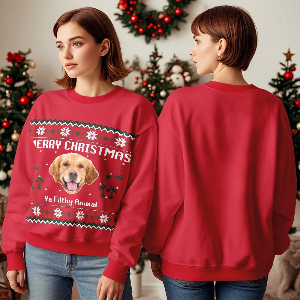 Custom Pet Face Round Neck Hoodie Personalized Photo Ugly Christmas Sweatshirt for Pet Lover - MyFaceBoxer