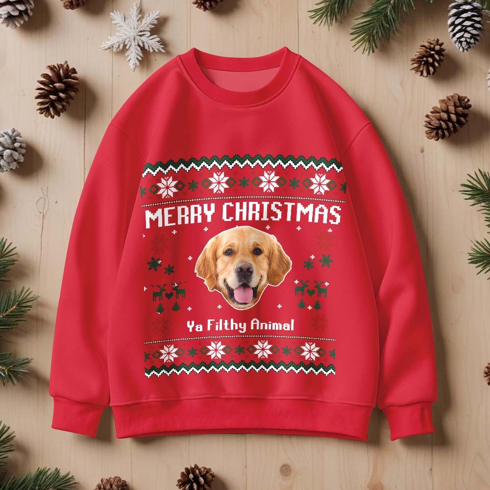 Custom Pet Face Round Neck Hoodie Personalized Photo Ugly Christmas Sweatshirt for Pet Lover - MyFaceBoxer