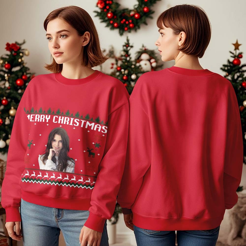 Custom Photo Round Neck Hoodie Personalized Ugly Christmas Sweatshirt Merry Christmas - MyFaceBoxer