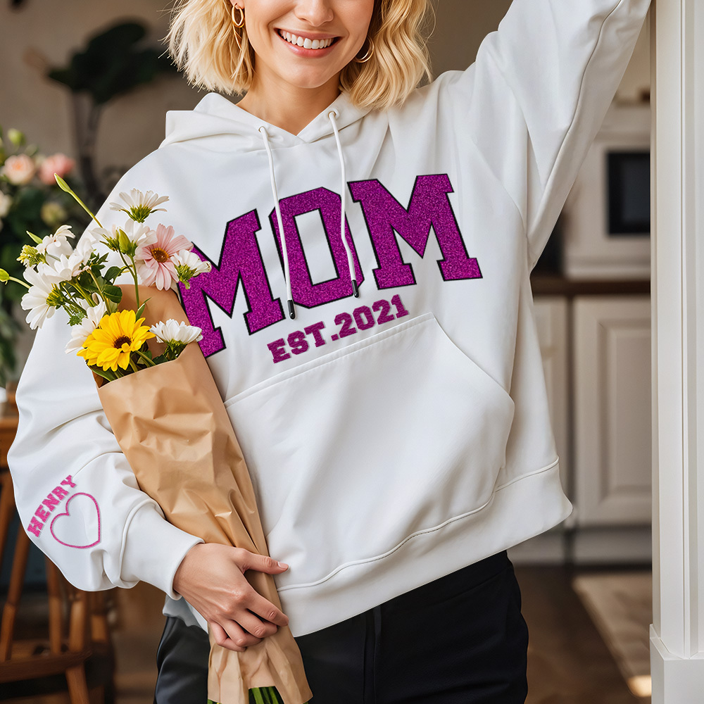 Custom Embroidered Glitter Vinyl MAMA Sweatshirt Hoodie Gift For Mom & Grandma - MyFaceBoxer