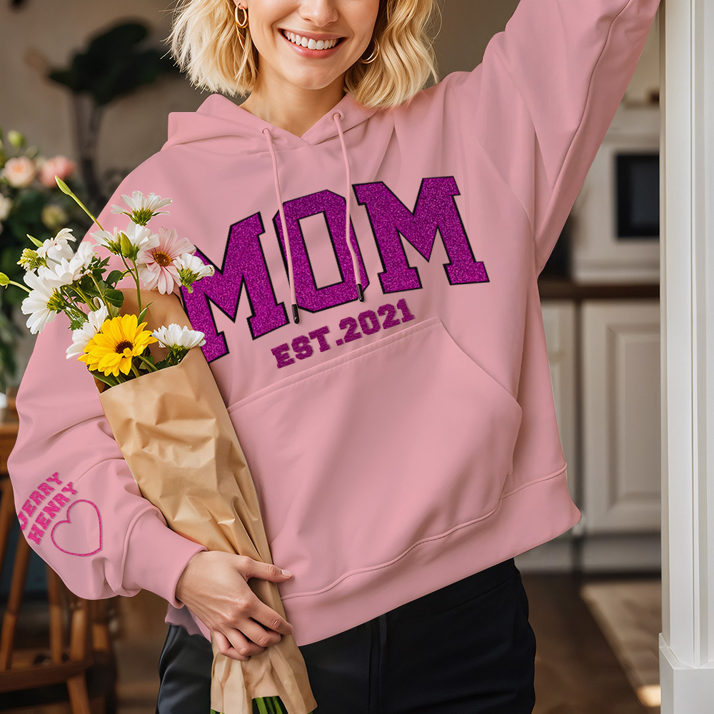 Custom Embroidered Glitter Vinyl MAMA Sweatshirt Hoodie Gift For Mom & Grandma - MyFaceBoxer