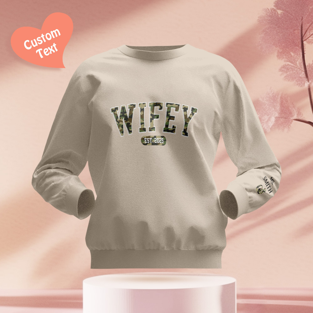 Wifey Est - Couple Personalized Custom Unisex Sweatshirt With Design On Sleeve - Gift For Husband Wife, Anniversary