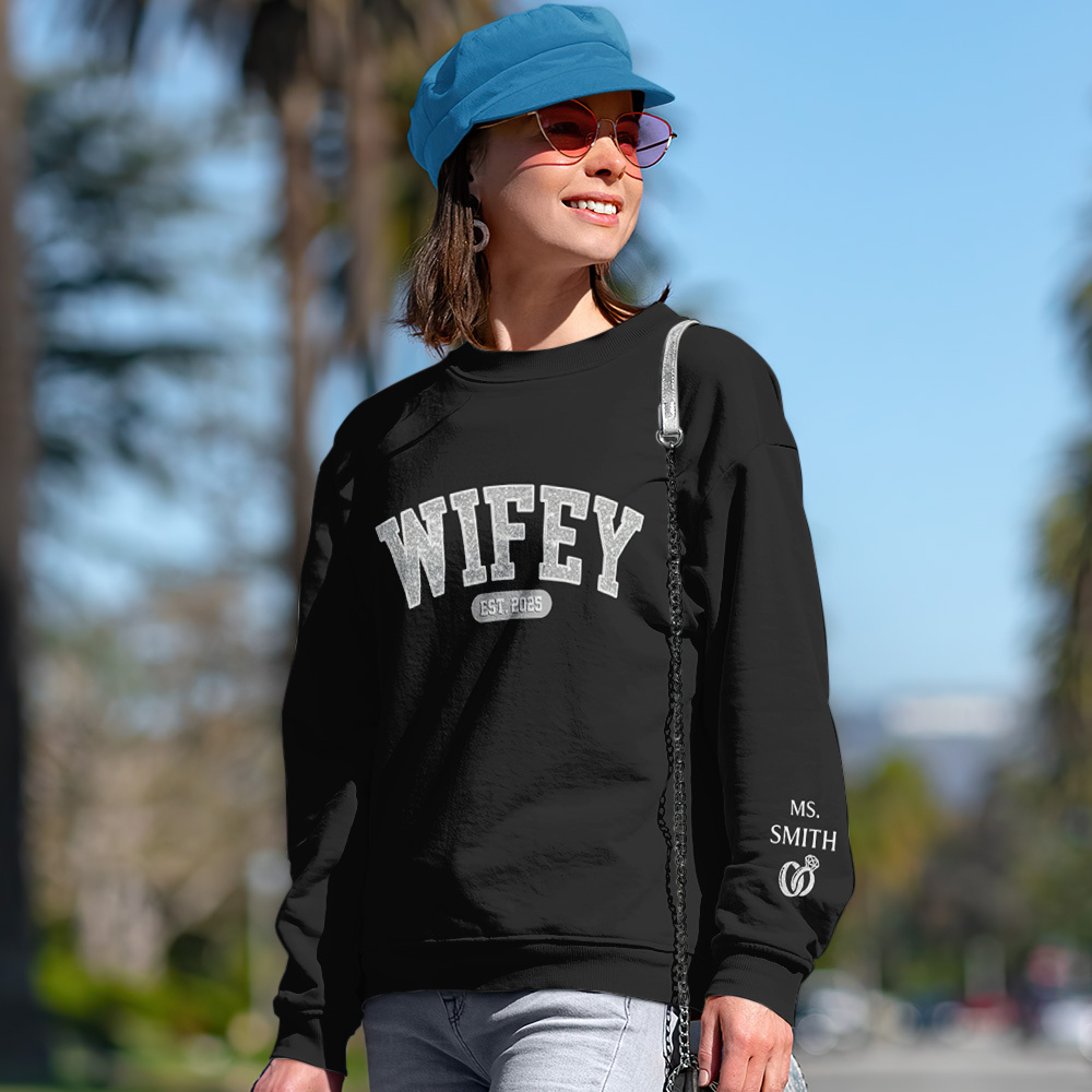 Wifey Est - Couple Personalized Custom Unisex Sweatshirt With Design On Sleeve - Gift For Husband Wife, Anniversary