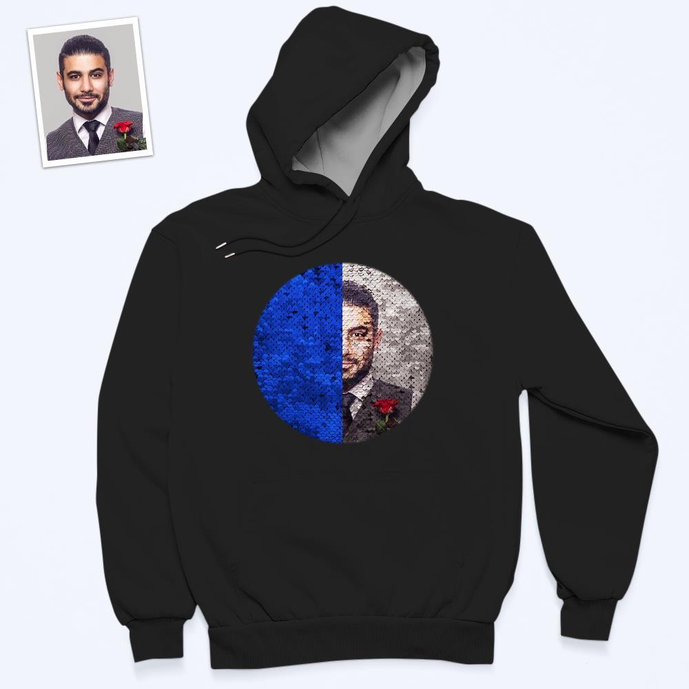 Custom Photo Blue Sequin Hoodie Circle Double Print White Hoodie Gift for Men Women - MyFaceBoxer