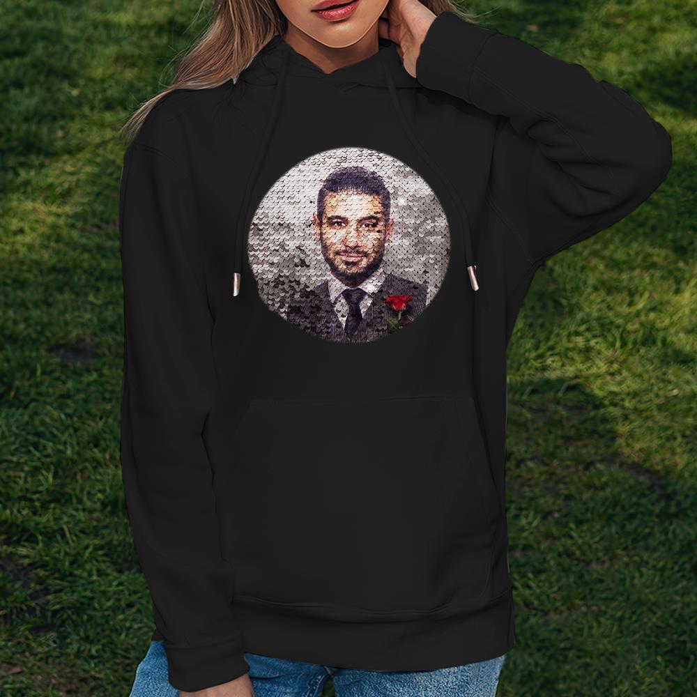 Custom Photo Blue Sequin Hoodie Circle Double Print White Hoodie Gift for Men Women - MyFaceBoxer