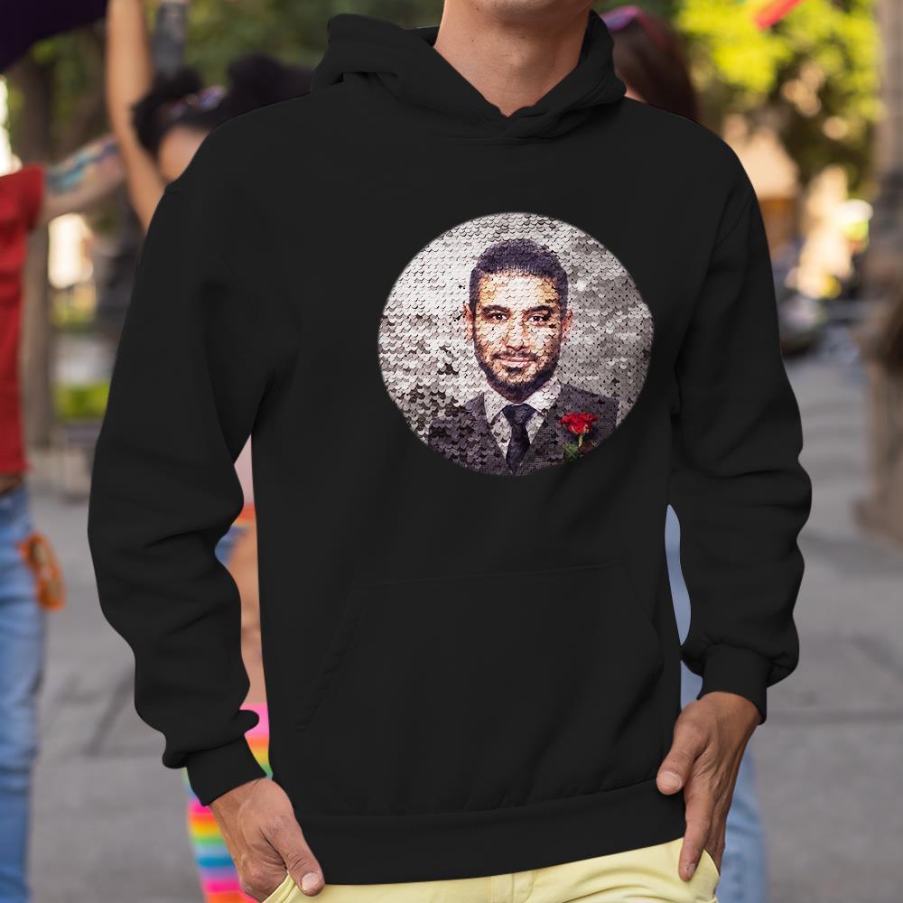 Custom Photo Blue Sequin Hoodie Circle Double Print White Hoodie Gift for Men Women - MyFaceBoxer
