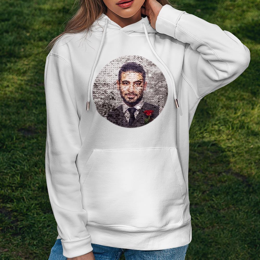 Custom Photo Blue Sequin Hoodie Circle Double Print White Hoodie Gift for Men Women - MyFaceBoxer