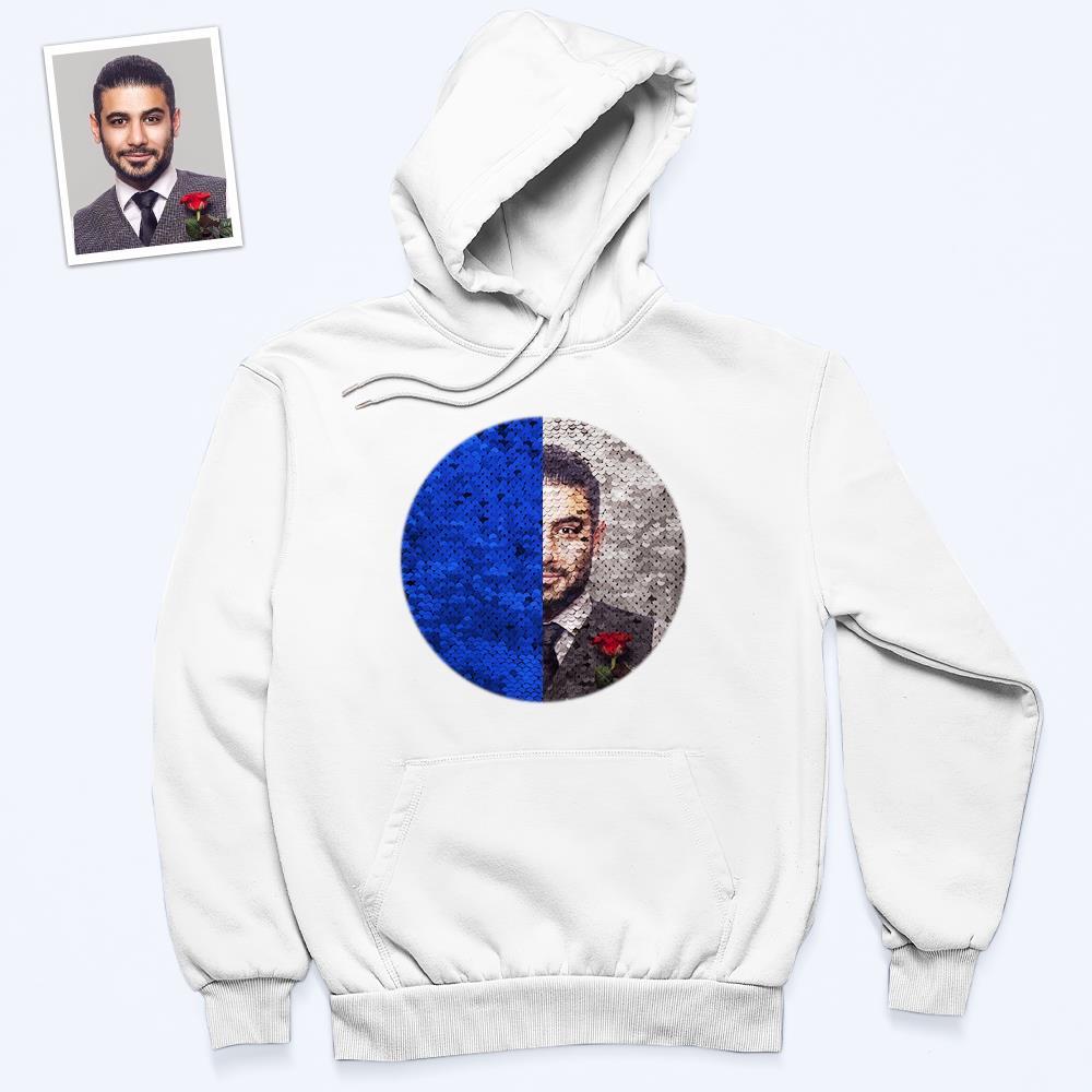 Custom Photo Blue Sequin Hoodie Circle Double Print White Hoodie Gift for Men Women - MyFaceBoxer