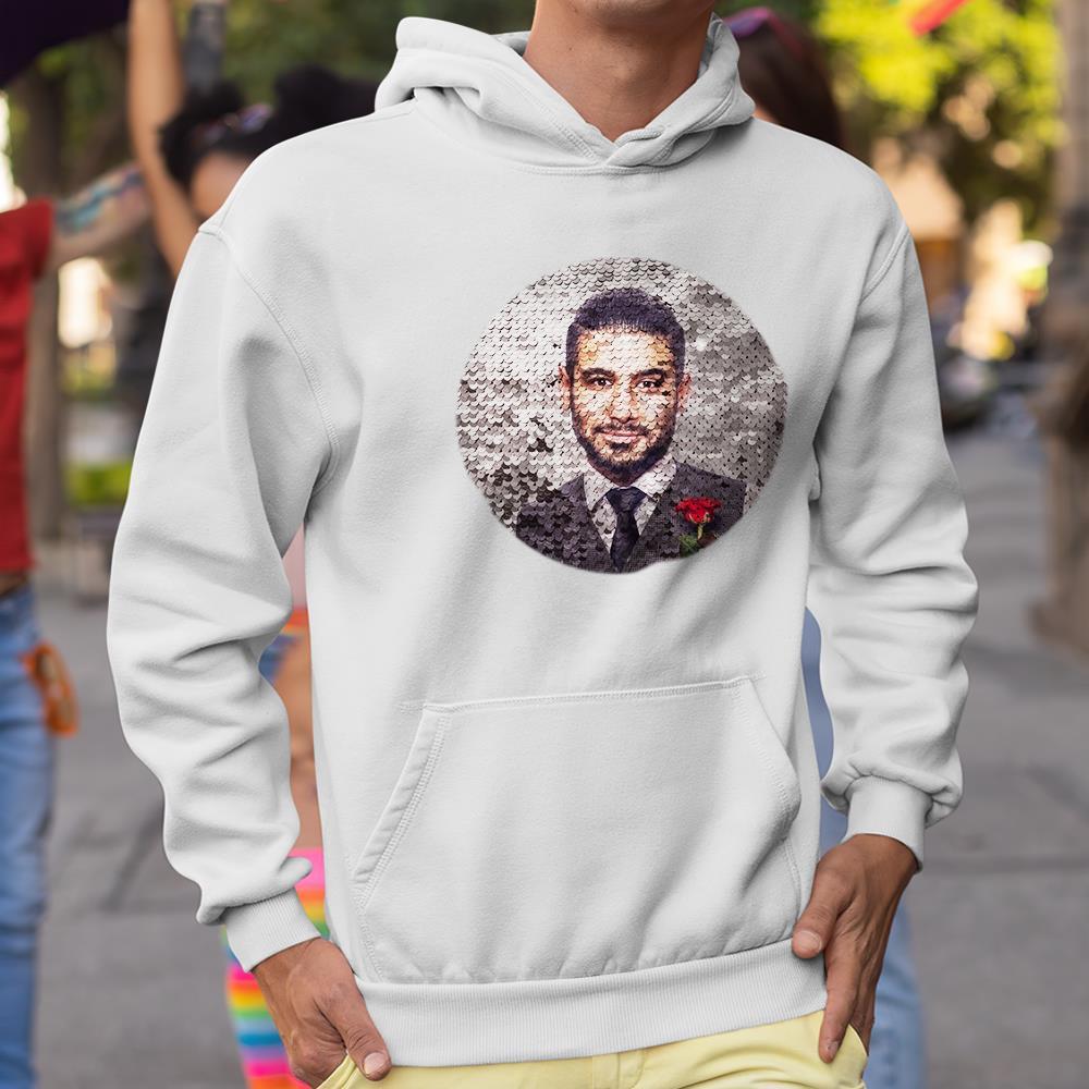 Custom Photo Blue Sequin Hoodie Circle Double Print White Hoodie Gift for Men Women - MyFaceBoxer
