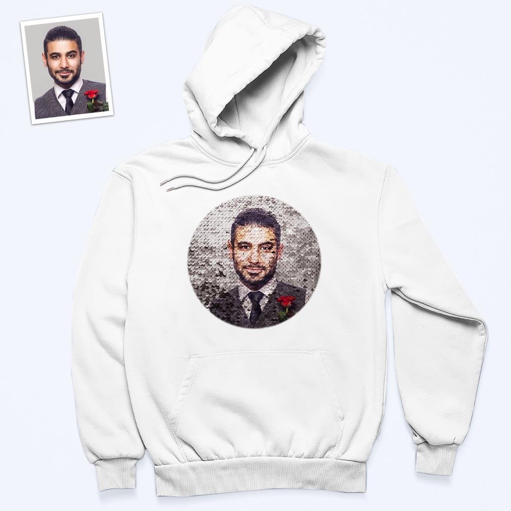 Custom Photo Blue Sequin Hoodie Circle Double Print White Hoodie Gift for Men Women - MyFaceBoxer