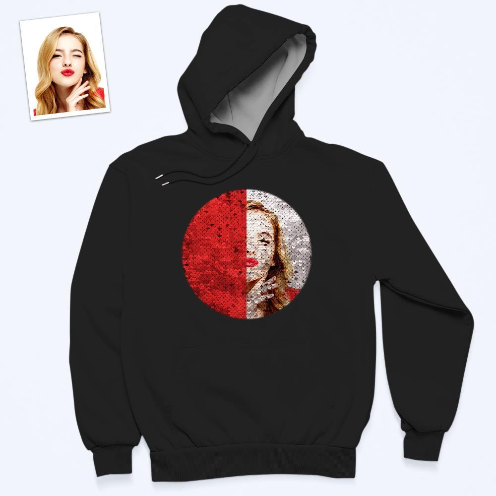 Custom Photo Flip Red Sequin Hoodie Circle-Shaped Print White Hoodie Gift for Men Women - MyFaceBoxer