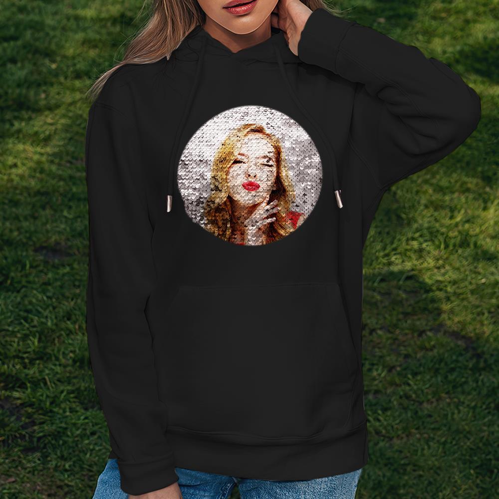 Custom Photo Flip Red Sequin Hoodie Circle-Shaped Print White Hoodie Gift for Men Women - MyFaceBoxer