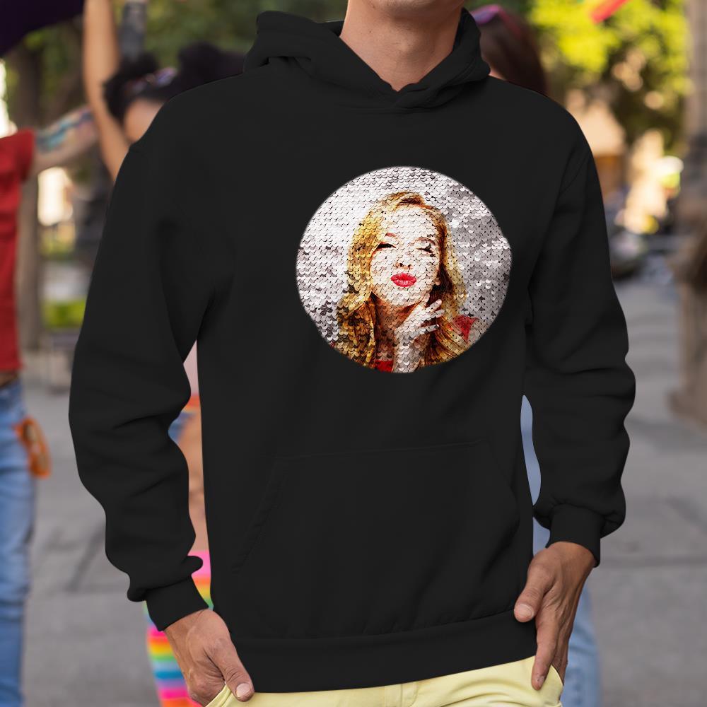 Custom Photo Flip Red Sequin Hoodie Circle-Shaped Print White Hoodie Gift for Men Women - MyFaceBoxer