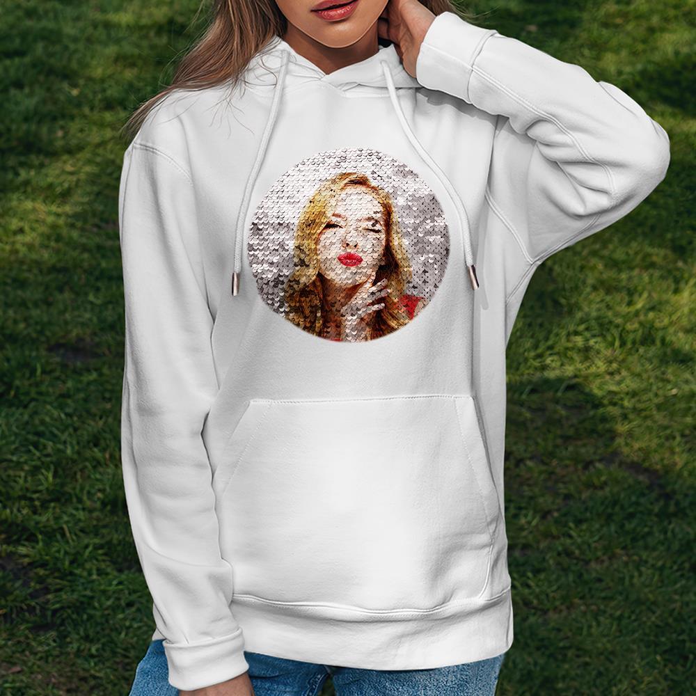 Custom Photo Flip Red Sequin Hoodie Circle-Shaped Print White Hoodie Gift for Men Women - MyFaceBoxer