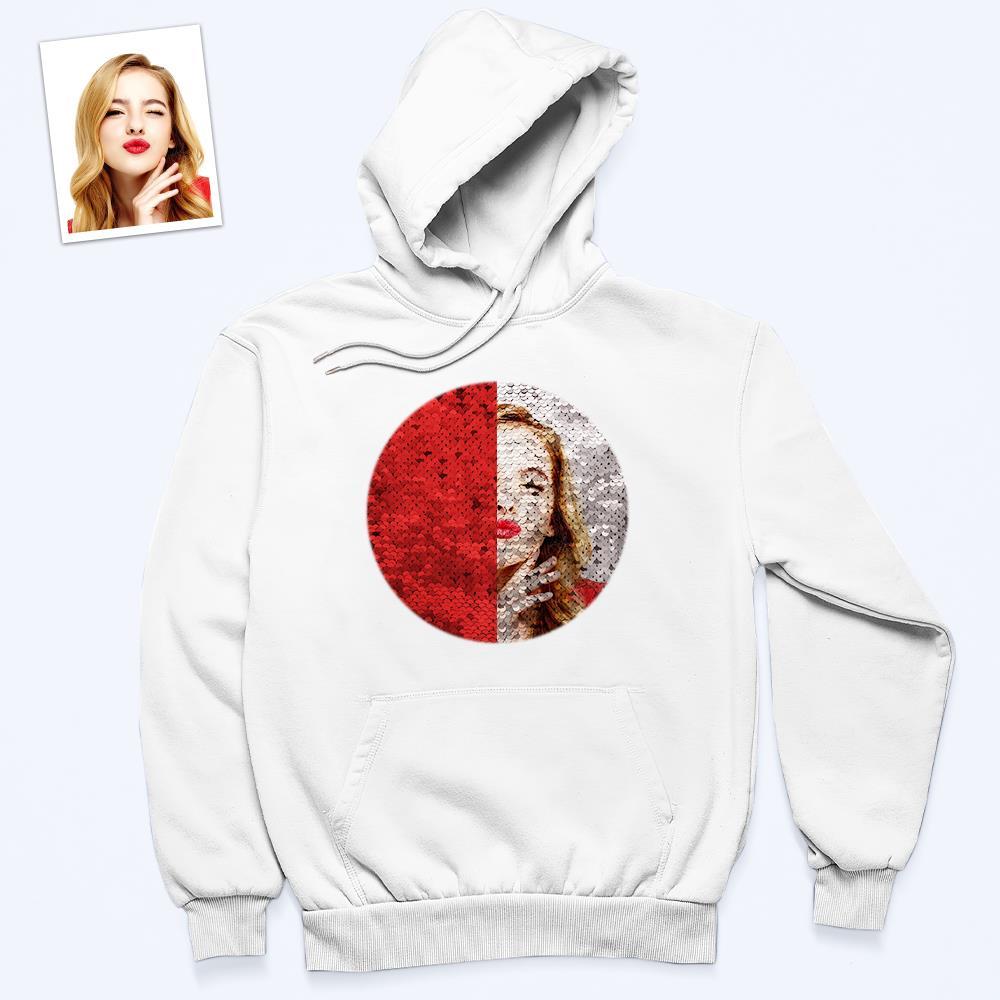 Custom Photo Flip Red Sequin Hoodie Circle-Shaped Print White Hoodie Gift for Men Women - MyFaceBoxer